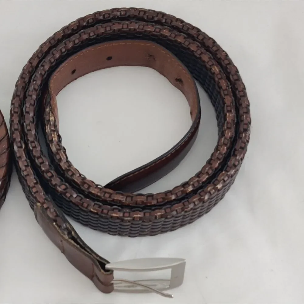 Woven genuine Leather Belt Sz 40 in Brown Square Buckle Heel Prong Silver Metal